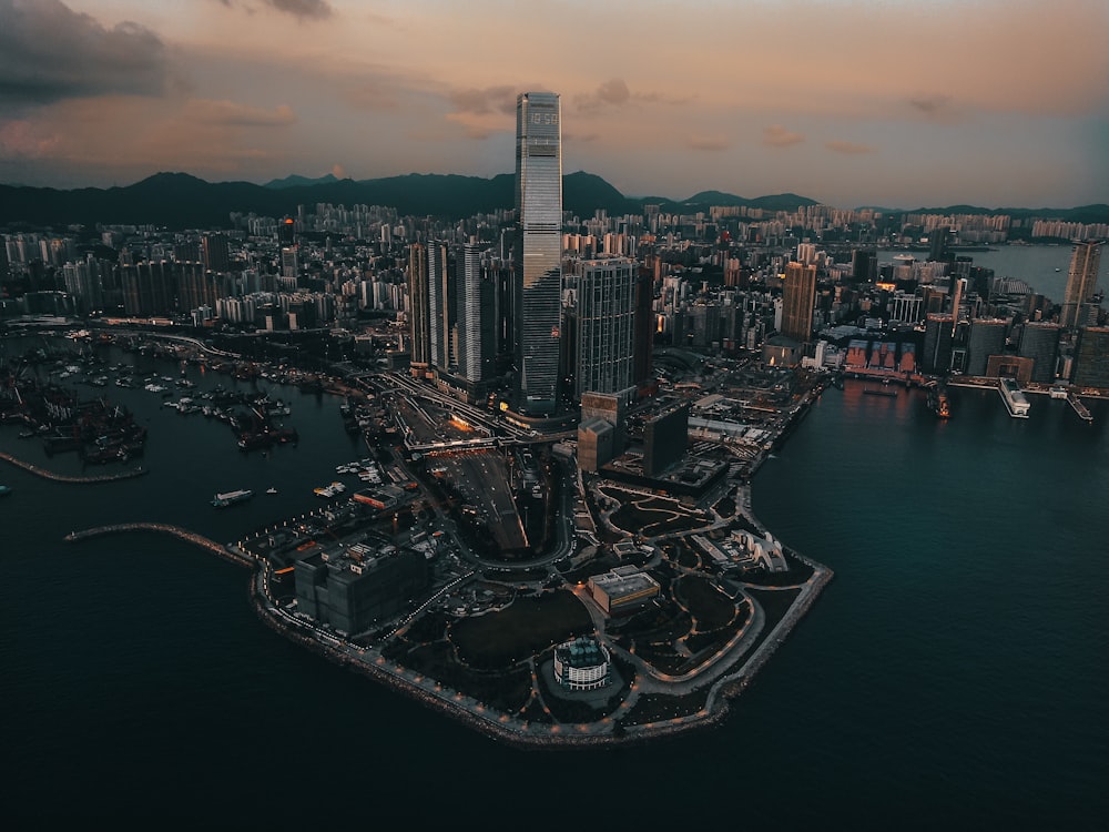 aerial view of city buildings during night time