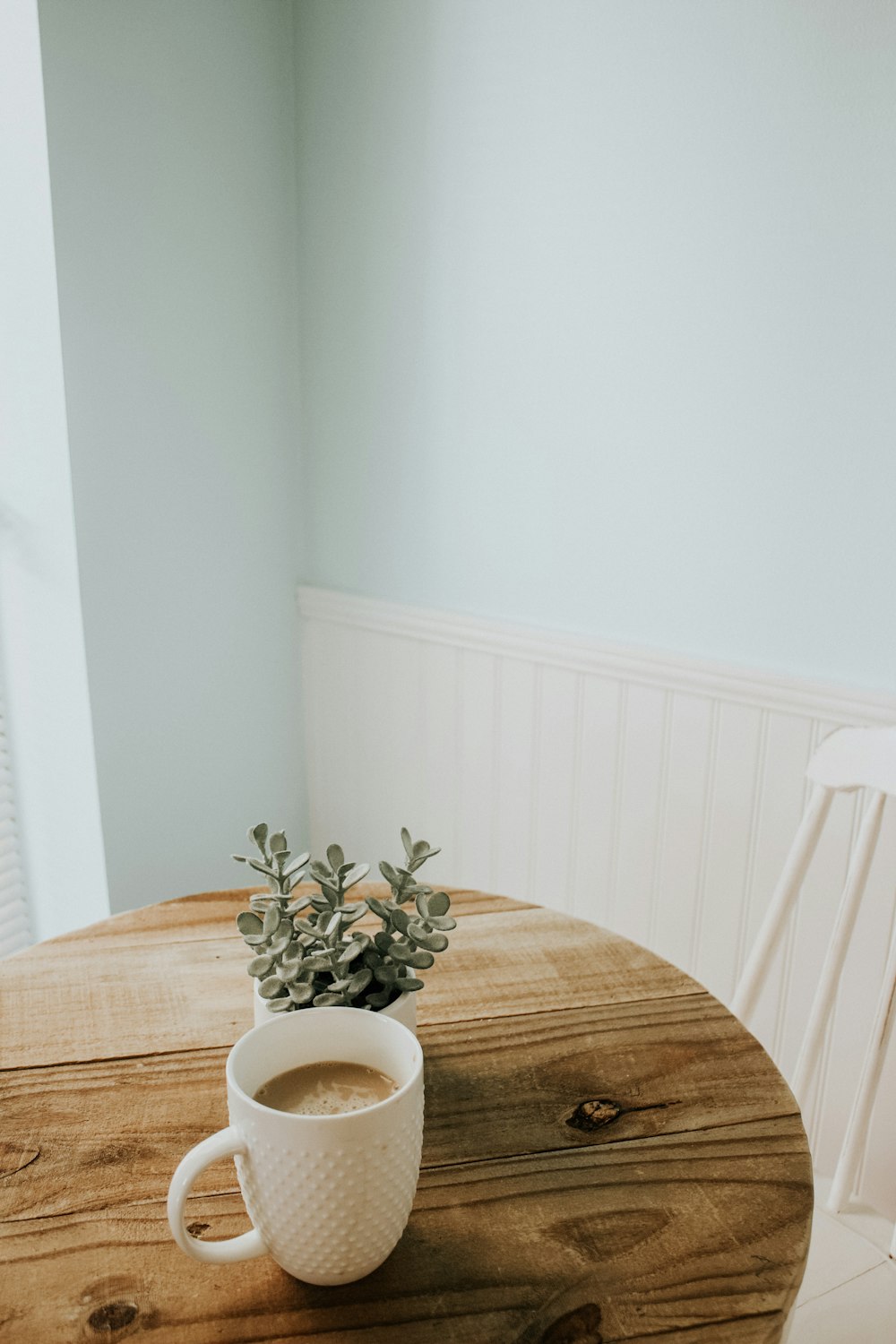 white flower on white ceramic vase on brown wooden table