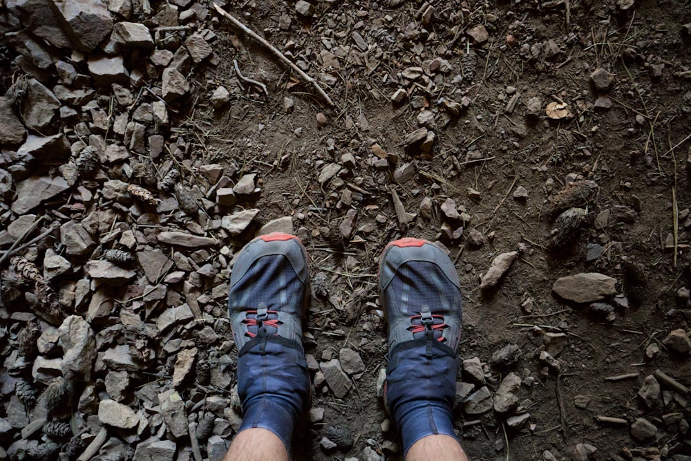 person wearing blue and white sneakers