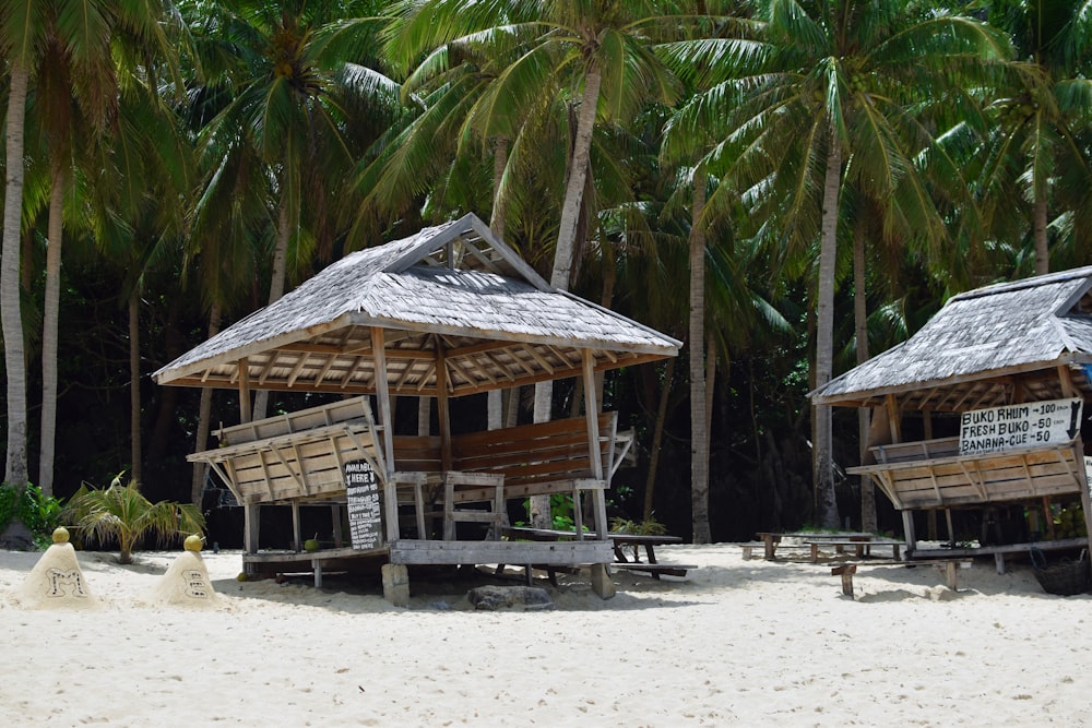 brown wooden beach house surrounded by palm trees