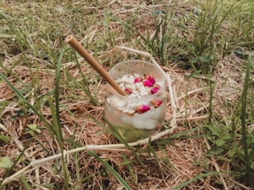 A glass with a bamboo straw, filled with a drink containing ice cubes, flowers, and seeds, rests on grass and dry straw in an outdoor setting.
