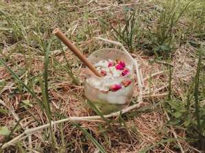 A glass with a bamboo straw, filled with a drink containing ice cubes, flowers, and seeds, rests on grass and dry straw in an outdoor setting.