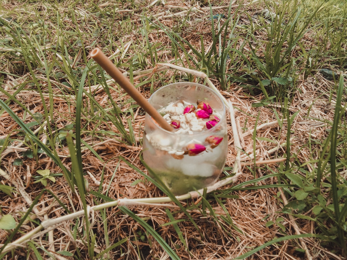 A glass with a bamboo straw, filled with a drink containing ice cubes, flowers, and seeds, rests on grass and dry straw in an outdoor setting.