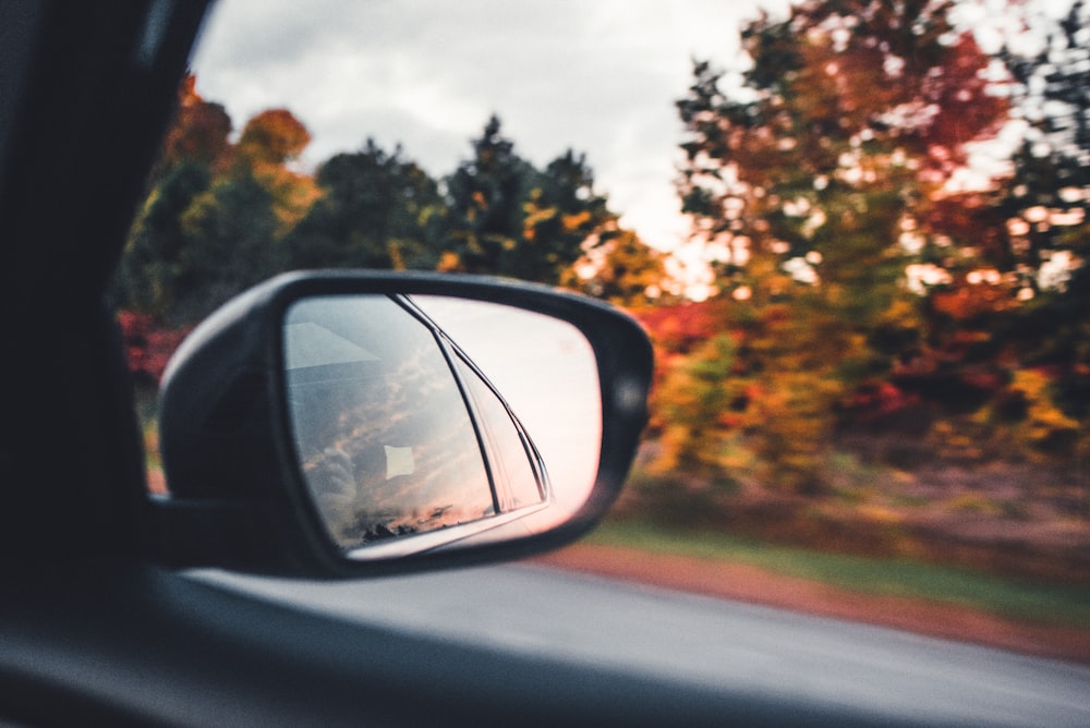 a rear view mirror on a car with trees in the background