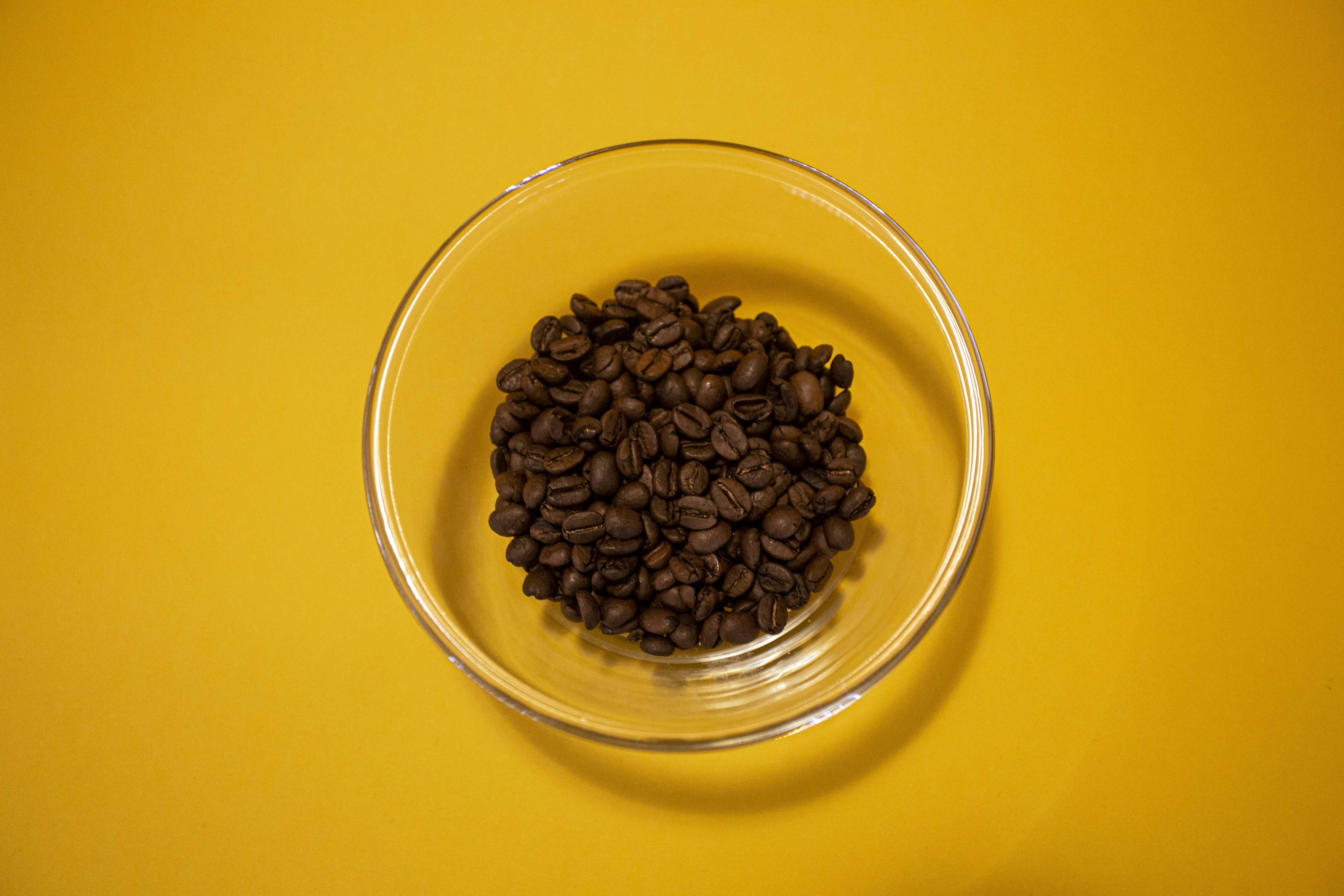 brown coffee beans in clear glass bowl