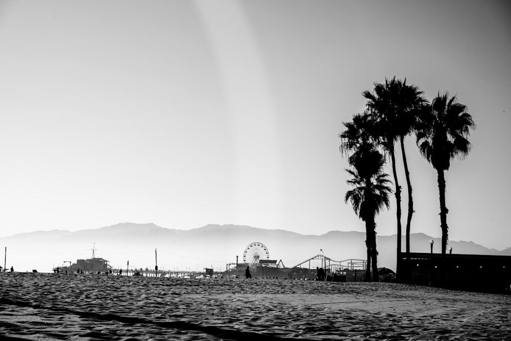 grayscale photo of people on beach during daytime