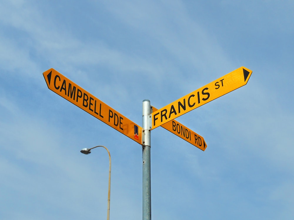 blue and white street sign under blue sky during daytime