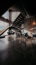 blue and black chairs on brown wooden floor