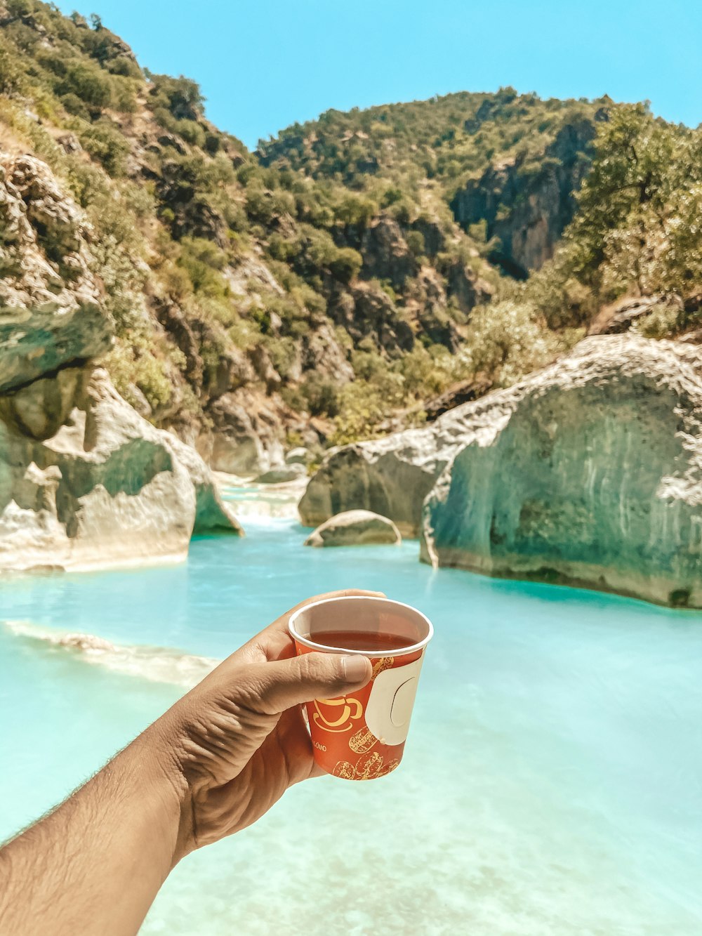 eine Hand, die eine Tasse Kaffee vor einem Bergsee hält