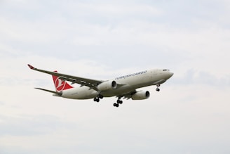 A cargo airplane with the branding 'Turkish Cargo' is flying in the sky. The aircraft is primarily white with red accents on its tail fin. The sky is overcast with light clouds.