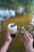 A person holds a reusable coffee cup in one hand and a lighter along with a hand-rolled cigarette in the other. The background features a serene body of water with visible ripples and reflections of trees.