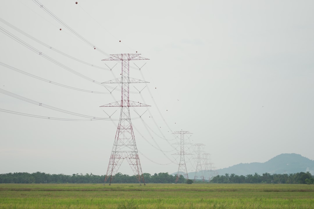 green grass field with electric towers