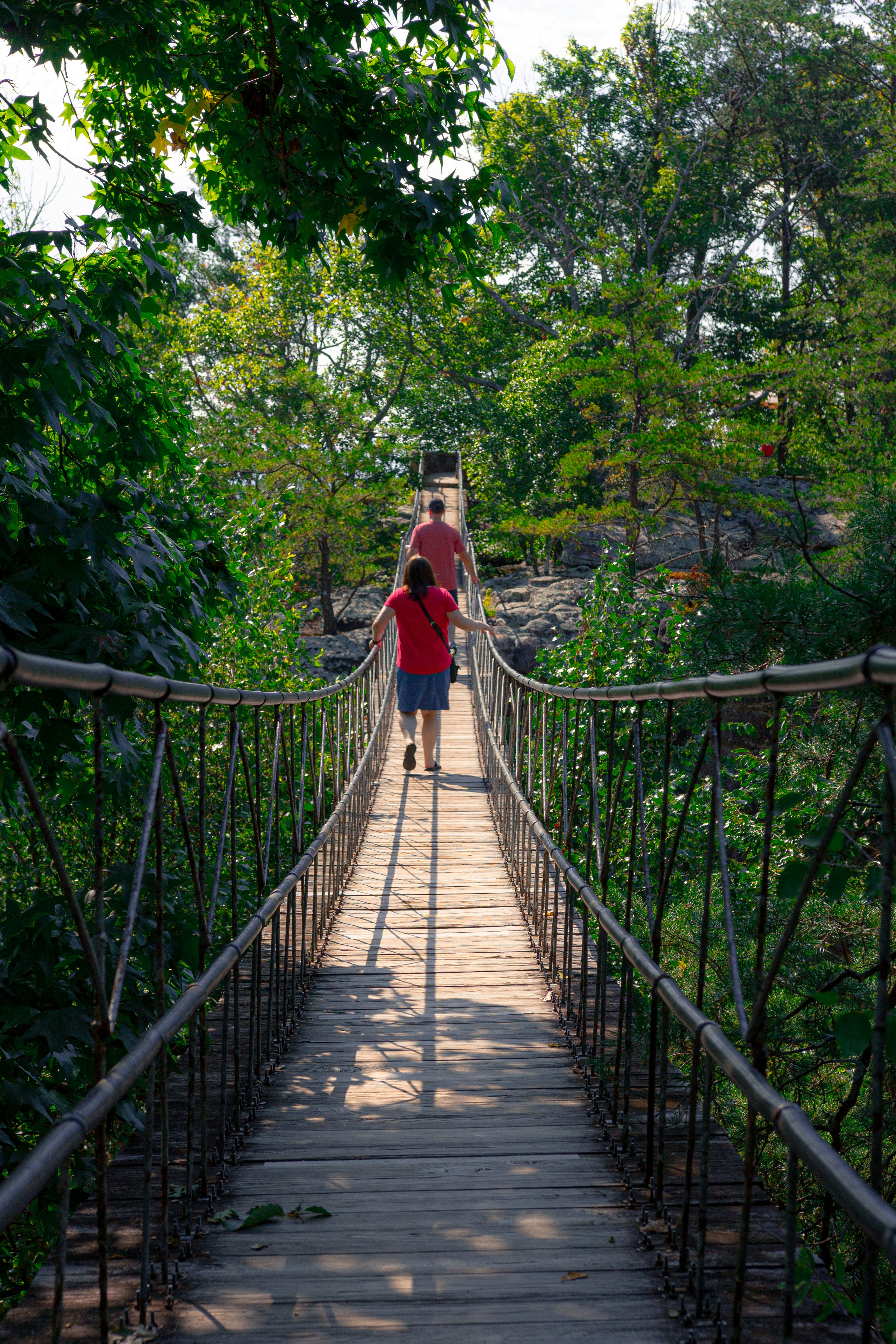 woman in black and white dress walking on wooden bridge