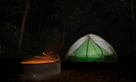 Outdoor camping scene with a tent, campfire, and survival gear.