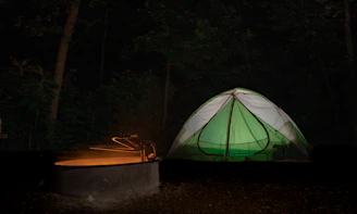 A family camping scene with Dragonhaven tents and gear set up beside a glowing campfire at dusk.