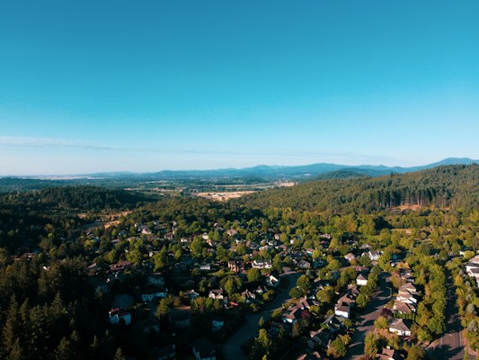Aerial view of a suburban neighborhood surrounded by lush green forests and distant hills. Houses are interspersed with numerous trees under a clear blue sky, with mountains visible in the background.