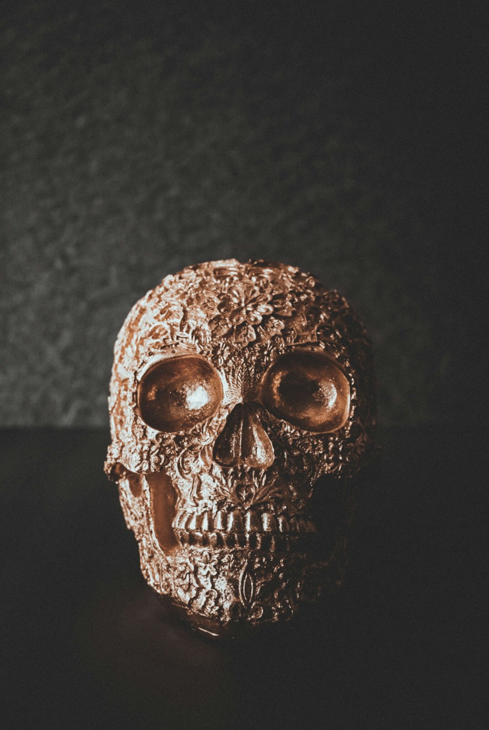 a close up of a skull on a table