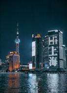 city skyline during night time