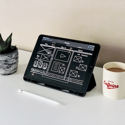 black ipad beside white ceramic mug on white table