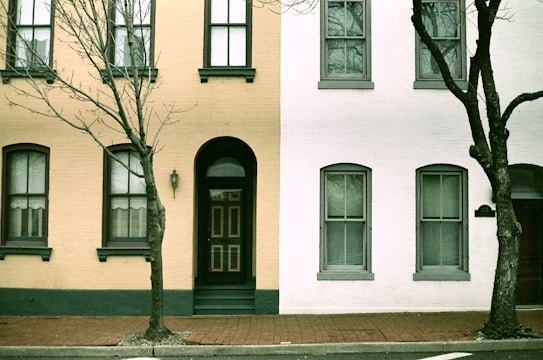 Two adjacent townhouse facades, one painted in a yellow cream color and the other in white. Each has vertical windows framed in dark trim and a door with a small porch. Leafless trees stand in front on a brick sidewalk, adding a stark contrast to the flat, painted surfaces.