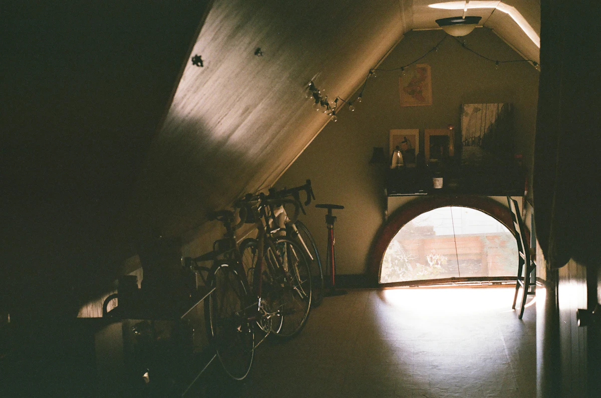 Black bicycle standing near a brown wooden cabinet