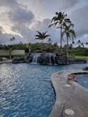 A swimming pool with a curved edge is set against a background of lush greenery and tall palm trees. In the pool, there is a waterfall feature cascading from rocks. A person is visible in the water near the rocks, and another person is standing at the edge of the pool near a hot tub or spa area. The sky is overcast with large, fluffy clouds.