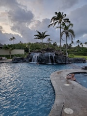 A swimming pool with a curved edge is set against a background of lush greenery and tall palm trees. In the pool, there is a waterfall feature cascading from rocks. A person is visible in the water near the rocks, and another person is standing at the edge of the pool near a hot tub or spa area. The sky is overcast with large, fluffy clouds.