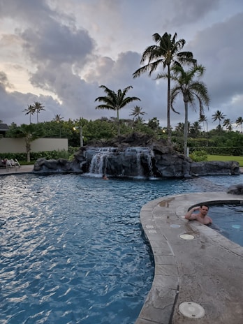 A swimming pool with a curved edge is set against a background of lush greenery and tall palm trees. In the pool, there is a waterfall feature cascading from rocks. A person is visible in the water near the rocks, and another person is standing at the edge of the pool near a hot tub or spa area. The sky is overcast with large, fluffy clouds.