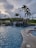 A swimming pool with a curved edge is set against a background of lush greenery and tall palm trees. In the pool, there is a waterfall feature cascading from rocks. A person is visible in the water near the rocks, and another person is standing at the edge of the pool near a hot tub or spa area. The sky is overcast with large, fluffy clouds.