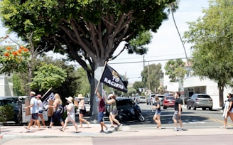 A group of people are walking along a street holding signs and banners, including one that reads 'No to Racism.' They appear to be participating in a peaceful protest or march. Trees line the street, and several cars are parked on the roadside. The atmosphere is bright and sunny, suggesting a daytime event. Several participants are wearing hats, and the group is diverse in age and attire.