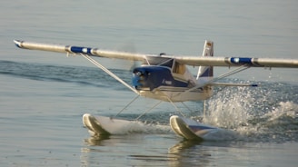 A seaplane is skimming across the water's surface, creating a trail of splashes behind it. The aircraft's wings are extended and pontoons are visible, designed to allow for water landings and takeoffs. The sun reflects off the water and the plane's metallic surfaces, highlighting the graceful movement.