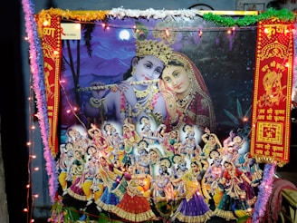 A vibrant and colorful scene depicting Hindu deities adorned with intricate costumes and jewelry, surrounded by an array of smaller figures engaged in dance and music. The setting includes decorative elements like garlands, lights, and traditional motifs.