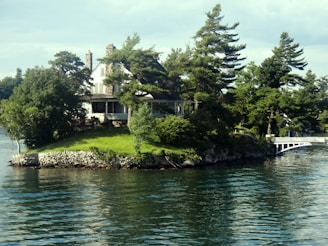 A serene island with a house surrounded by lush greenery and tall pine trees. The smooth water around the island reflects the blue sky and parts of the trees. A small white bridge connects the island to another land area, indicating seclusion and tranquility.