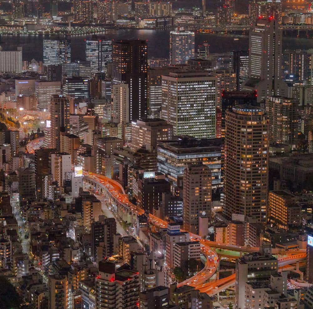 aerial view of city buildings during night time