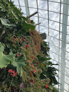 A lush, vertical wall of green plants and vibrant flowers is seen inside a glass-domed structure. Water cascades gracefully from a pipe above, adding a dynamic element to the serene indoor garden.