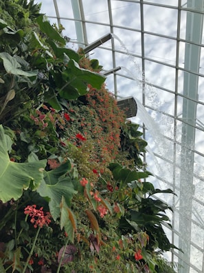 A lush, vertical wall of green plants and vibrant flowers is seen inside a glass-domed structure. Water cascades gracefully from a pipe above, adding a dynamic element to the serene indoor garden.