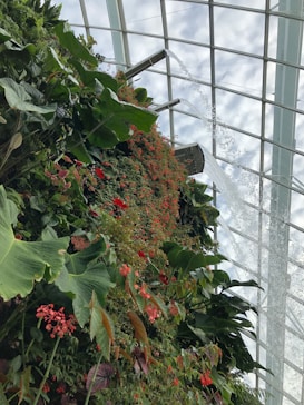 A lush, vertical wall of green plants and vibrant flowers is seen inside a glass-domed structure. Water cascades gracefully from a pipe above, adding a dynamic element to the serene indoor garden.