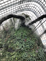 A towering indoor greenhouse structure with a lush vertical garden covered in various green plants and occasional flowers. A mist or fog system is in place, creating a humid and tropical atmosphere. Overhead, there are glass panels allowing natural light to flood the space, and curved walkways lead up and around the structure.