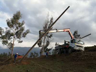 In an outdoor setting, workers are installing a utility pole using a crane attached to a truck. The ground is uneven and covered with grass and dirt. There are tall trees in the background, and the sky is cloudy.