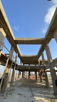 An unfinished concrete building with a skeletal framework, showing multiple floors and columns under a clear blue sky. Wooden planks are scattered on the ground, and ladders are positioned against the structure.