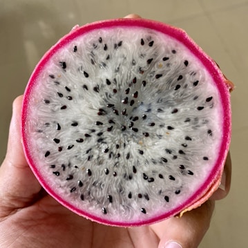 A hand holds a half-cut dragon fruit, showcasing its vibrant pink outer layer and speckled white flesh with small black seeds.