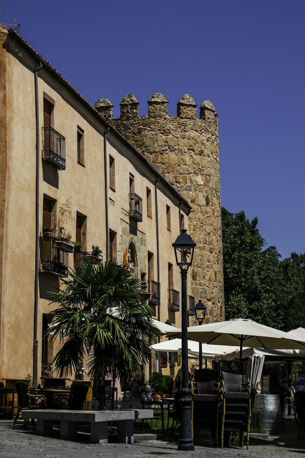 edificio in cemento marrone vicino alla palma sotto il cielo blu durante il giorno