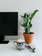 black flat screen computer monitor beside white and blue ceramic mug