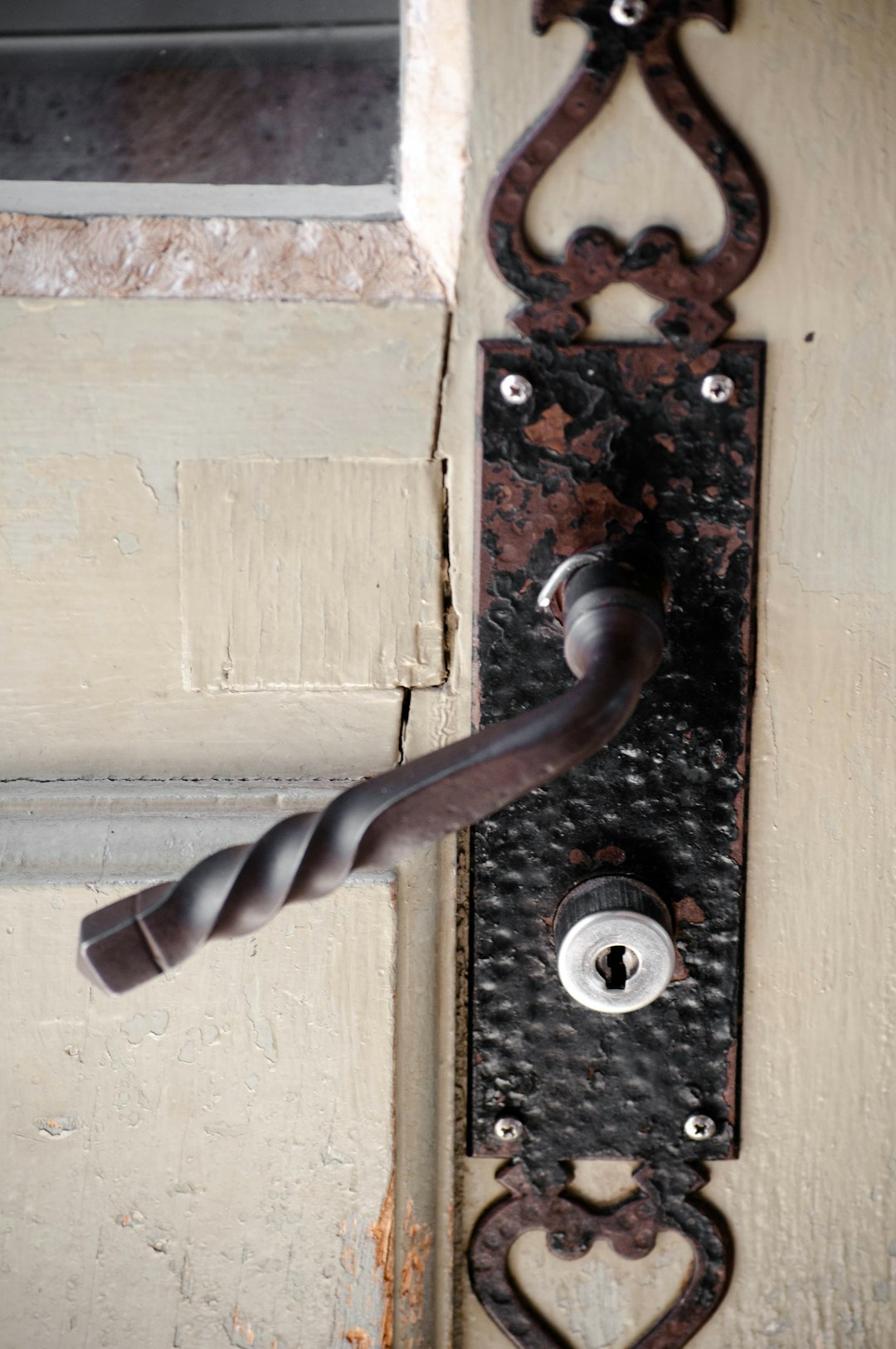 black metal door handle on brown wooden door