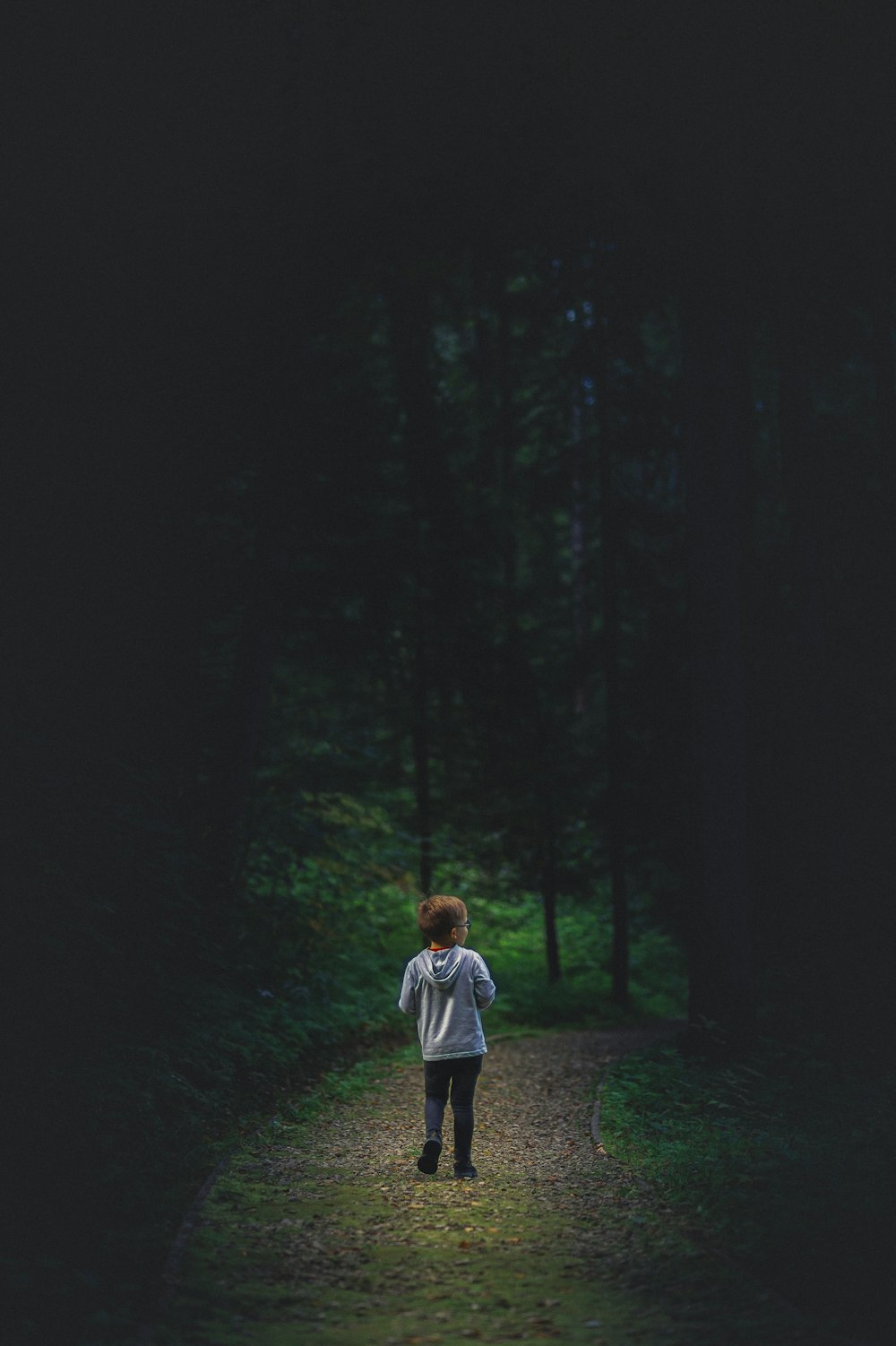 girl in white long sleeve shirt walking on pathway in the middle of forest during daytime