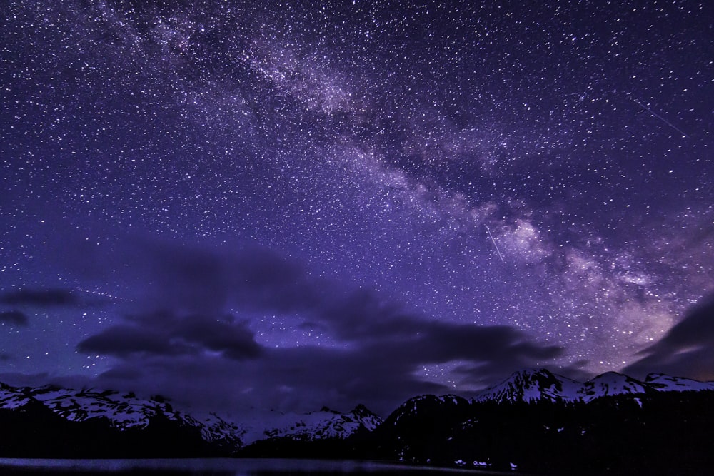 silhouette of mountain under blue sky with stars during night time