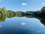 A serene lake reflecting the sky, surrounded by trees.