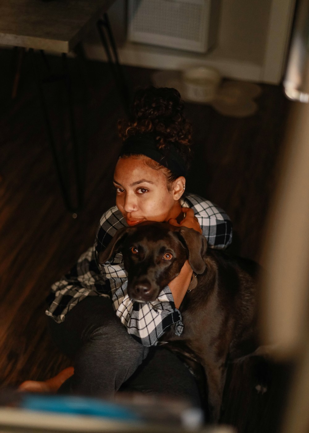 man in gray and white plaid dress shirt hugging brown short coated dog