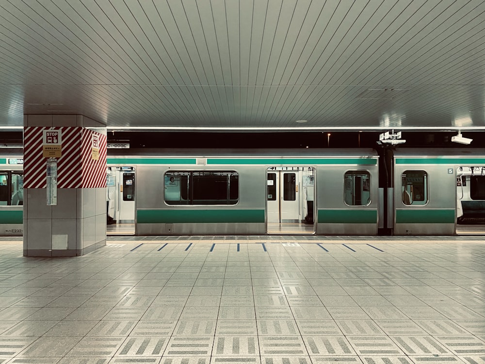 white red and green train in train station