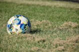 A colorful soccer ball rests on a patchy green field with patches of dry grass.